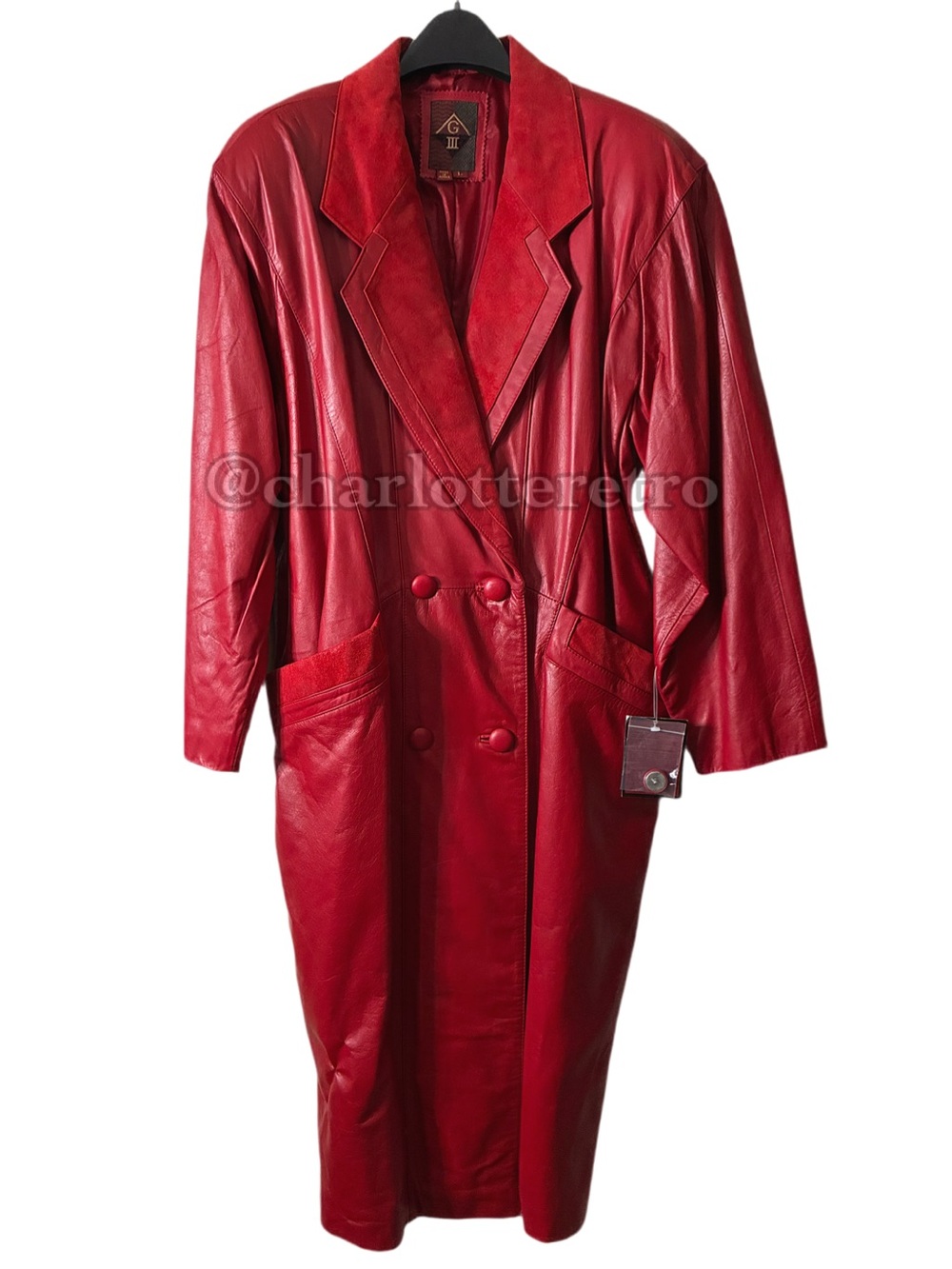 vtg G-III Double-Breasted Leather Trench w Sueded Paisley Trim • Korea